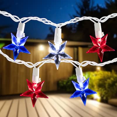 30 Patriotic Red, White and Blue LED Star String Lights - 7ft White Wire - N/A