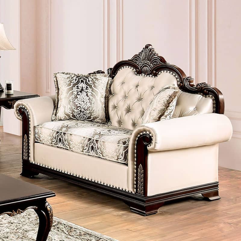 Furniture of America Mirabella Traditional Beige Tufted Solid Wood Loveseat with Accent Pillows - Beige