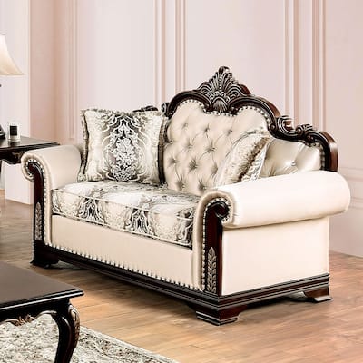 Furniture of America Mirabella Traditional Beige Tufted Solid Wood Loveseat with Accent Pillows
