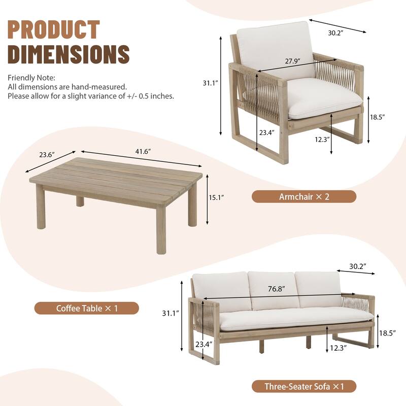 Outdoor 4-Piece Conversation Set Acacia Wood Patio 3-Seater Sofa Set Rope Weave Arm Chair with Coffee Table Weather Resistant