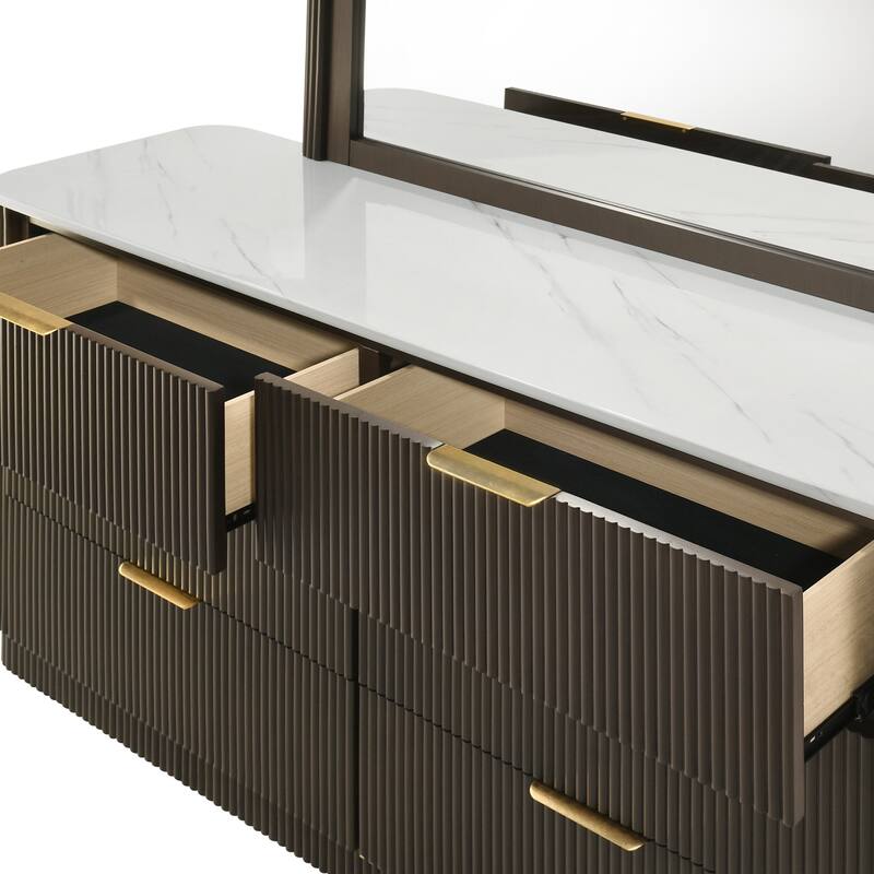 Furniture of America Alta Modern 2-Piece Dark Walnut 6-Drawer Dresser and Mirror Set with Artificial Marble Top