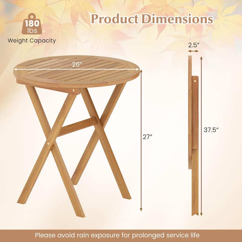 Natural Acacia Wood Folding Side Table with Slatted Top and X Shaped Frame for Patio or Garden - 26"Dia x 27"H