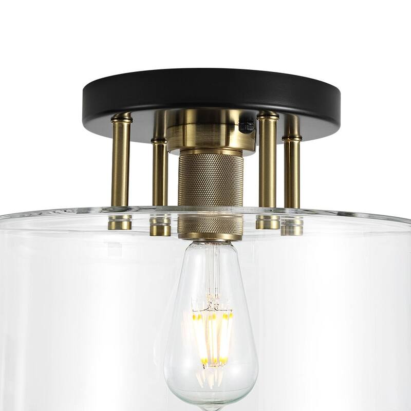 Farmhouse Black Brass 1-Light Glass Drum Semi Flush Ceiling Fixture - 11.8 Inches