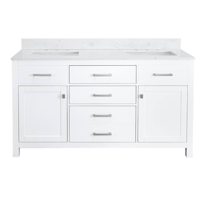 Prismatica Double Sinks Bathroom Vanity 60 in White, Marble Top & Splash - Cultured Marble Top Vanity