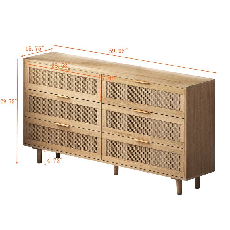 59.06" 6-Drawers Rattan Storage Cabinet Rattan Drawer, for Bedroom, Living Room