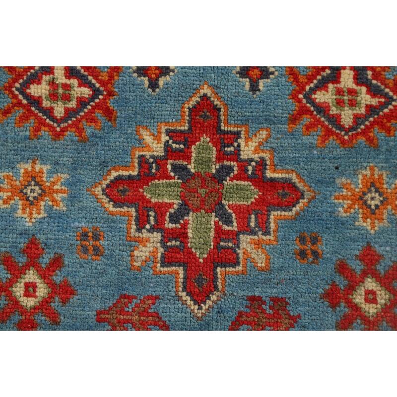 Light Blue Geometric Kazak Rug Hand-Knotted Oriental Wool Carpet - 2'8" x 3'11"