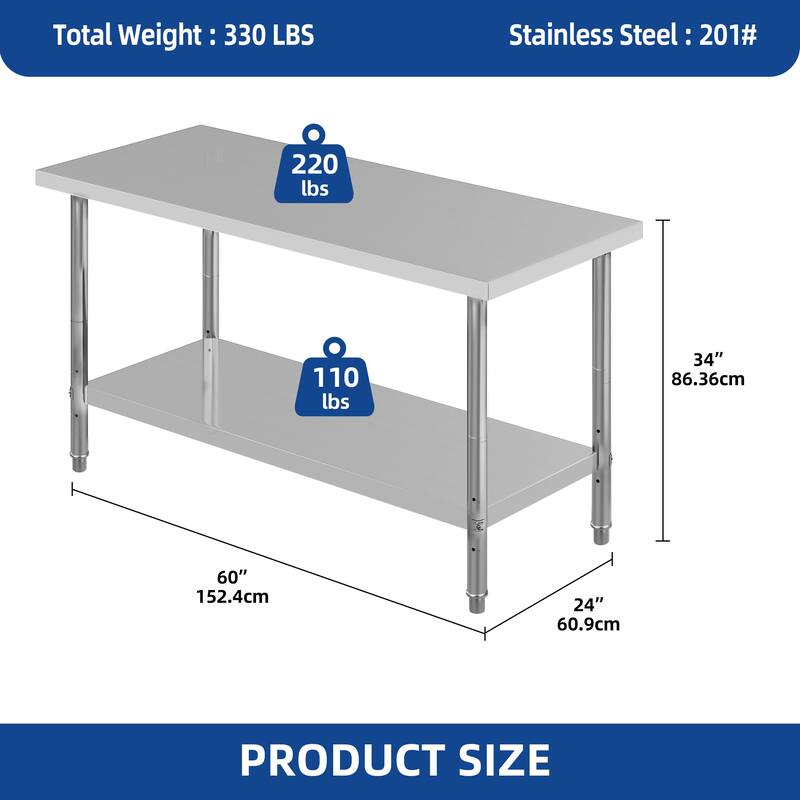 60×24 Inch Stainless Steel Table with Undershelf Adjustable, NSF Commercial Kitchen Work Prep Table - 60'' W x 24'' D x 34'' H