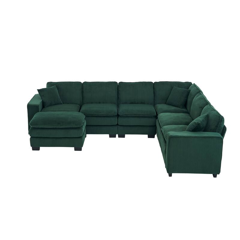 Corduroy Upholstered U-shaped Chaise Sectional Sofa Modular Sleeper Sofa Bed Deep Seat Couch with Ottoman and Pillows