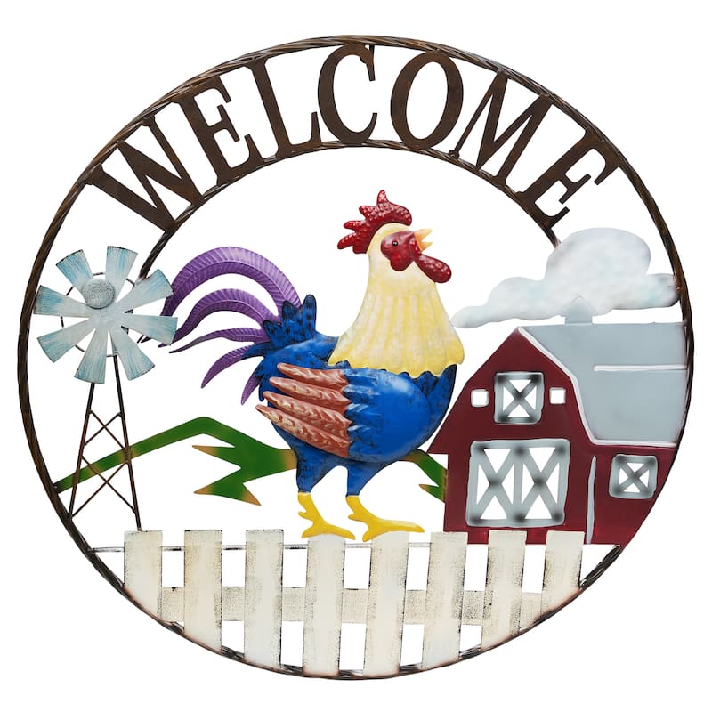 Large Round Rooster and Farm Welcome Decor