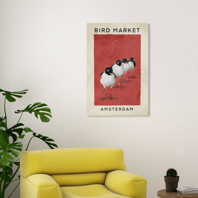 Wynwood Studio Canvas Animals Bird Market in Amsterdam Red and Nautical & Coastal Wall Art Canvas Print - Red, White - 30 x 20