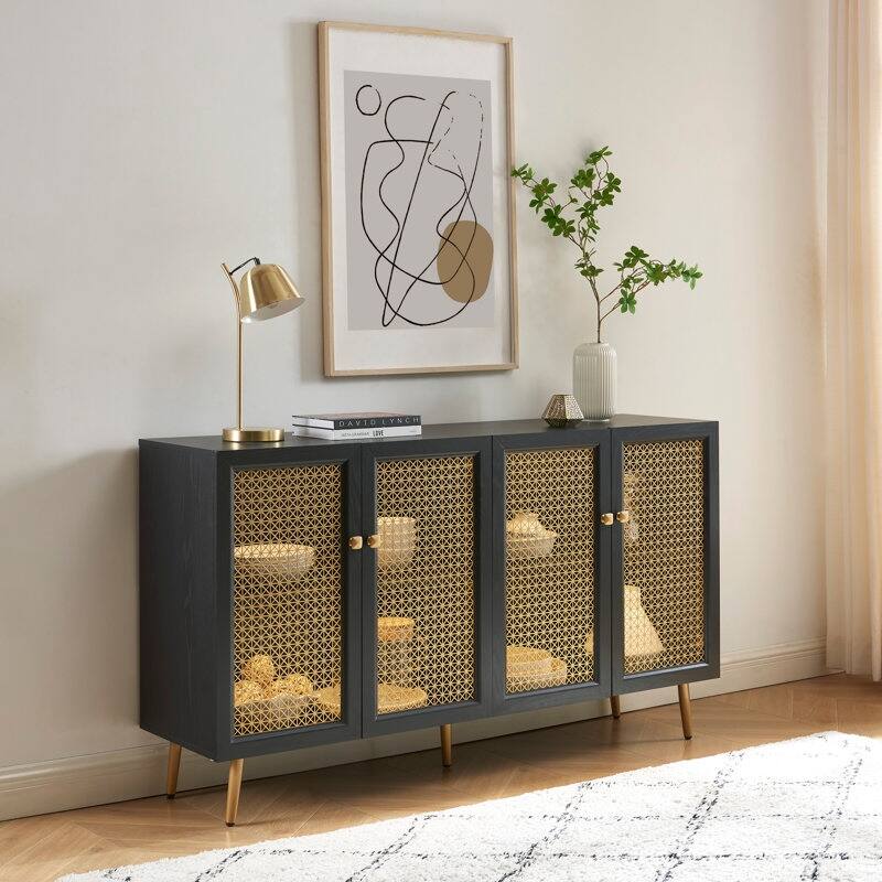 61.7''W Four Door Wood Buffets and Sideboards Storage Cabinet with LED Light - Black