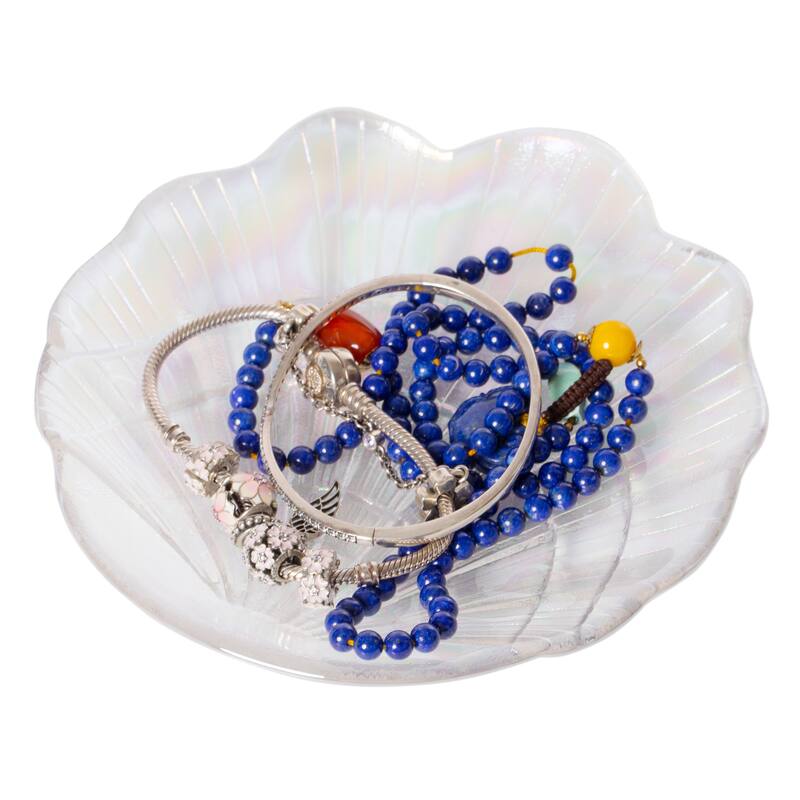 Fabulaxe Iridescent Glass Catchall Clam Shell Jewelry Tray Soap Holder Trinket Dish Ring Plate Vanity Organizer Bathroom