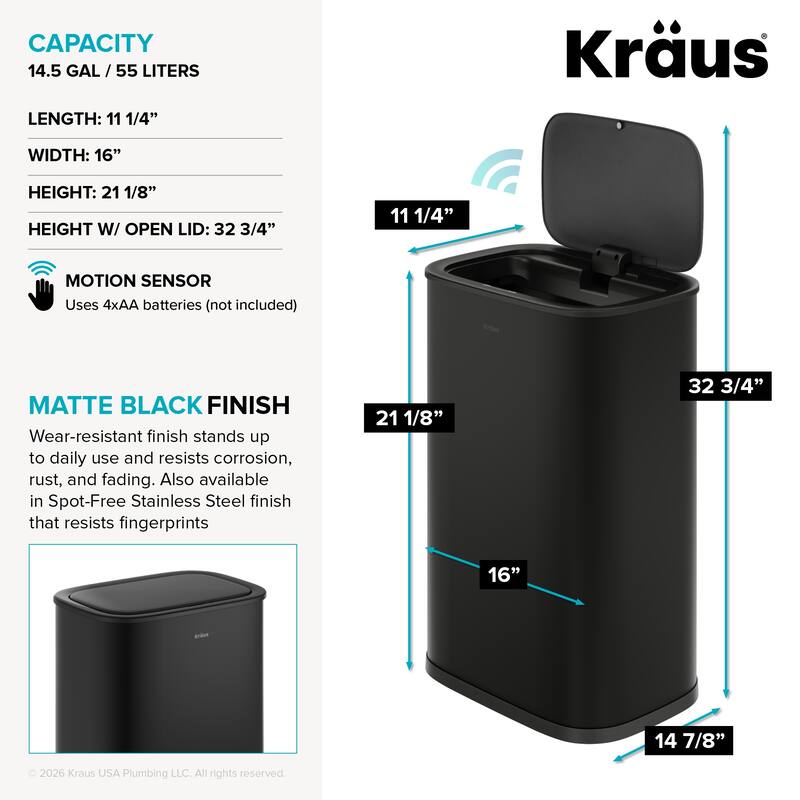 KRAUS WasteGuard 14.5 Gal 55 Liter Motion Sensor Kitchen Trash Can