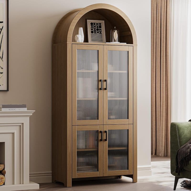 71" Tall Arched Cabinet with Glass Doors, Modern Farmhouse Arched Bookcase Storage with Shelves, Pantry Cabinet - Natural