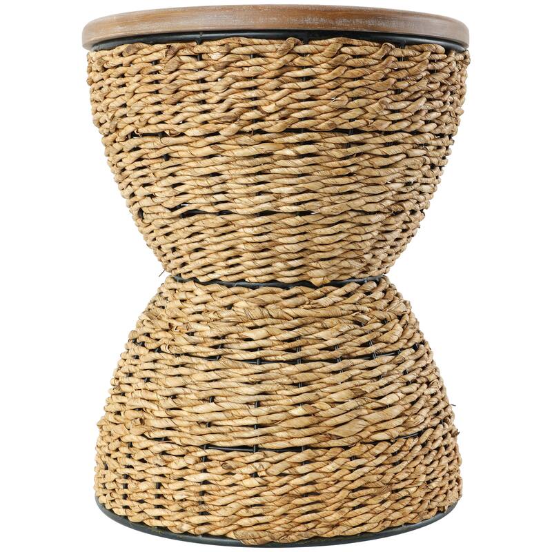 Light Brown or Brown Rattan Handmade Woven Side End Accent Table with Wood Tabletop and Black Frame
