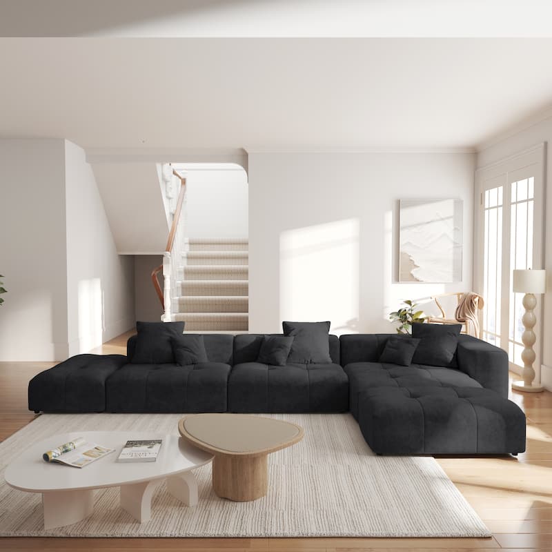 158.64" Linen Modular Sofa Modern L-Shaped Sectional Sofa 5-Seater Couch with Chaise for Living Room