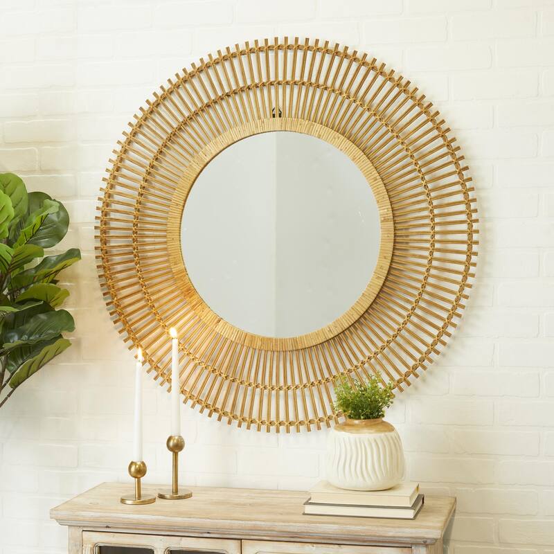 Bamboo Wood Starburst Handmade Stick Wall Mirror with Wrapped Rattan - Cream or Brown - Roche River Decor