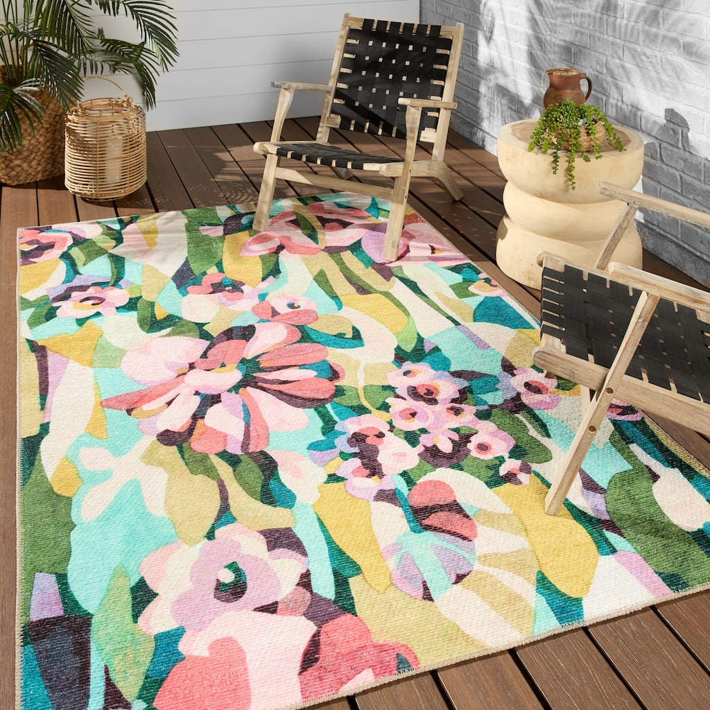 Amicia Machine Washable Indoor/Outdoor Floral Multicolor/ Pink Area Rug