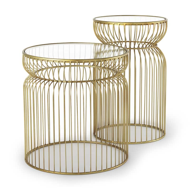 HomeRoots Set of Two Clear and Gold Tempered Glass and Metal Wire Round Drum End Tables - 18.90 in. x 20.08 in. x 18.90 in.