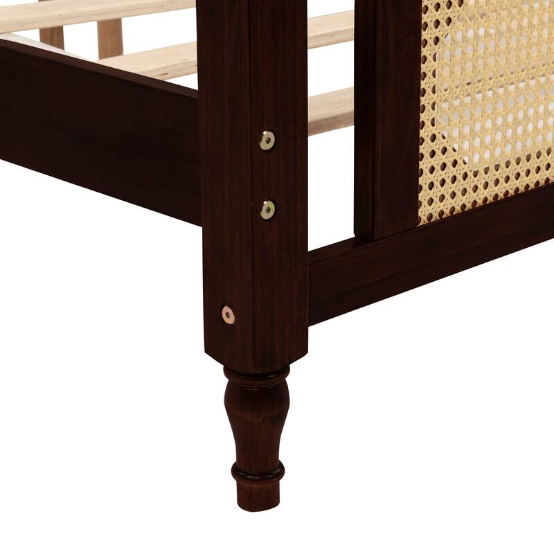 King Pine wooden Bed with Rattan Headboard and Footboard