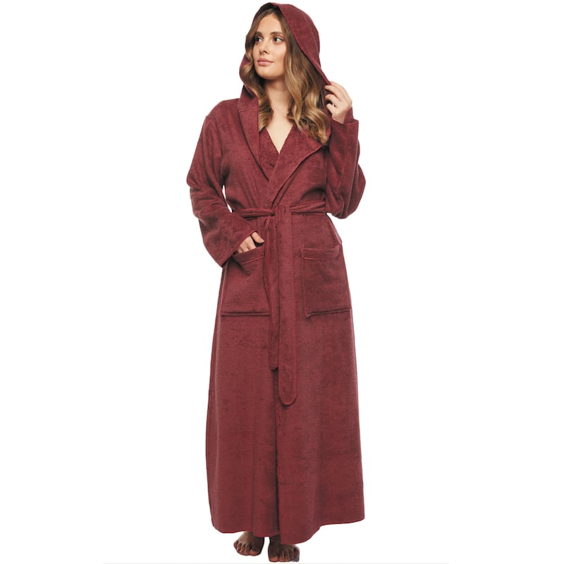 Women's Angel Stlyle Robe Ankle Long Hooded Turkish Cotton Bathrobe - X-Large - Wine
