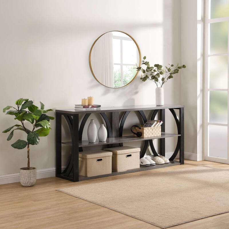 console table with open storage shelf