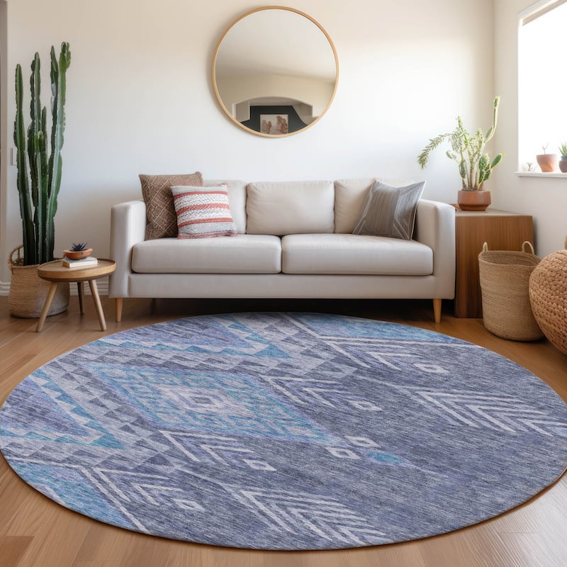 Machine Washable Indoor/ Outdoor Boho Tribal Chantille Rug - Navy - 8' x 8'