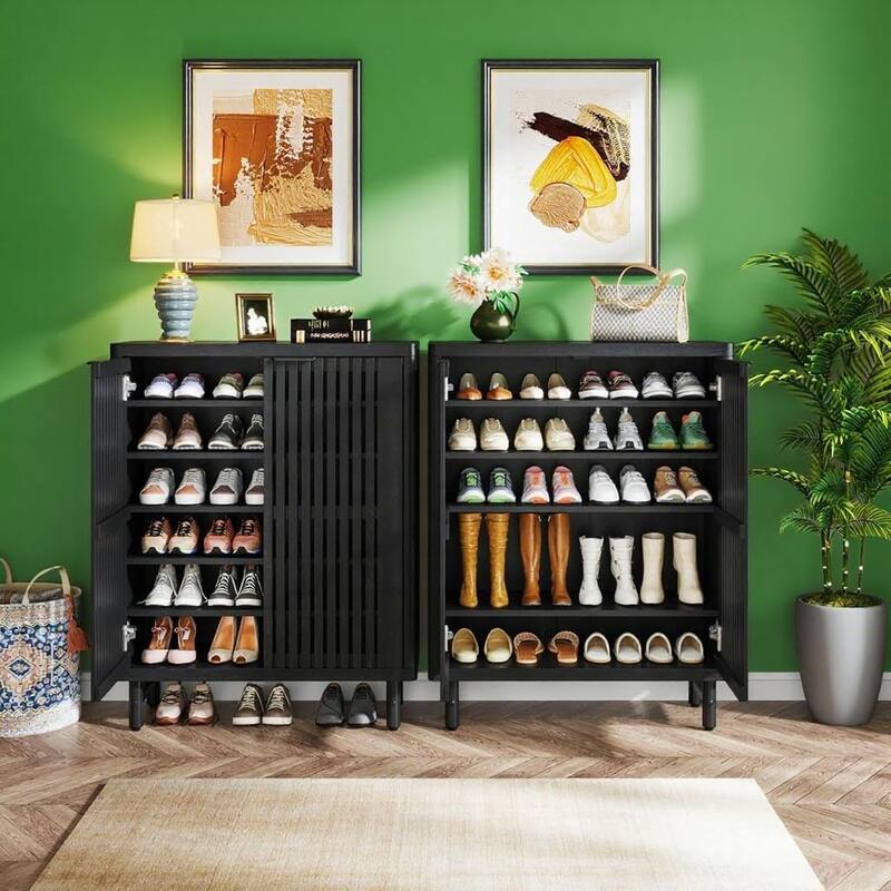 Versatile 6 Tier Shoe Cabinet with Adjustable Shelves Dual Louver Doors Wide Countertop - 33.46" x 13.78" x 43.31"