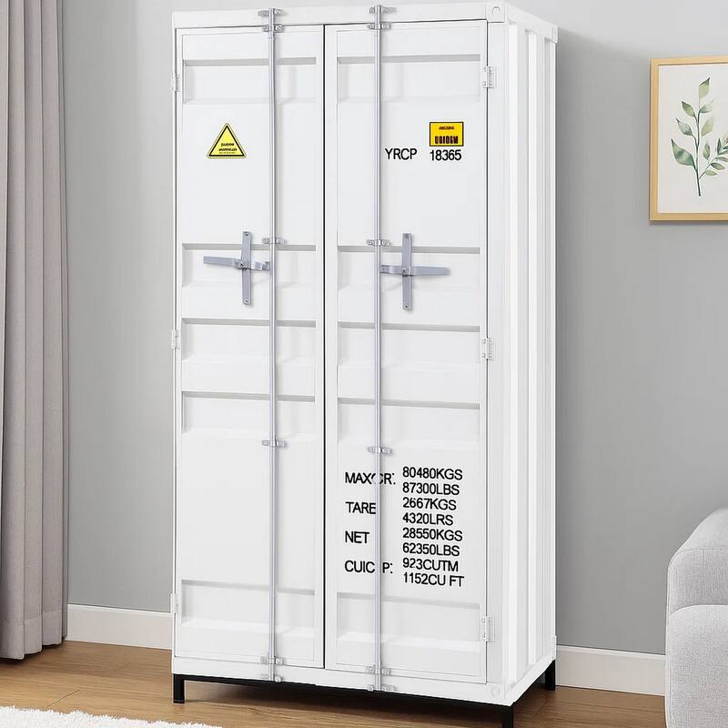 Double Door Storage Wardrobe with Recessed Panels and Cremone Bolts, White