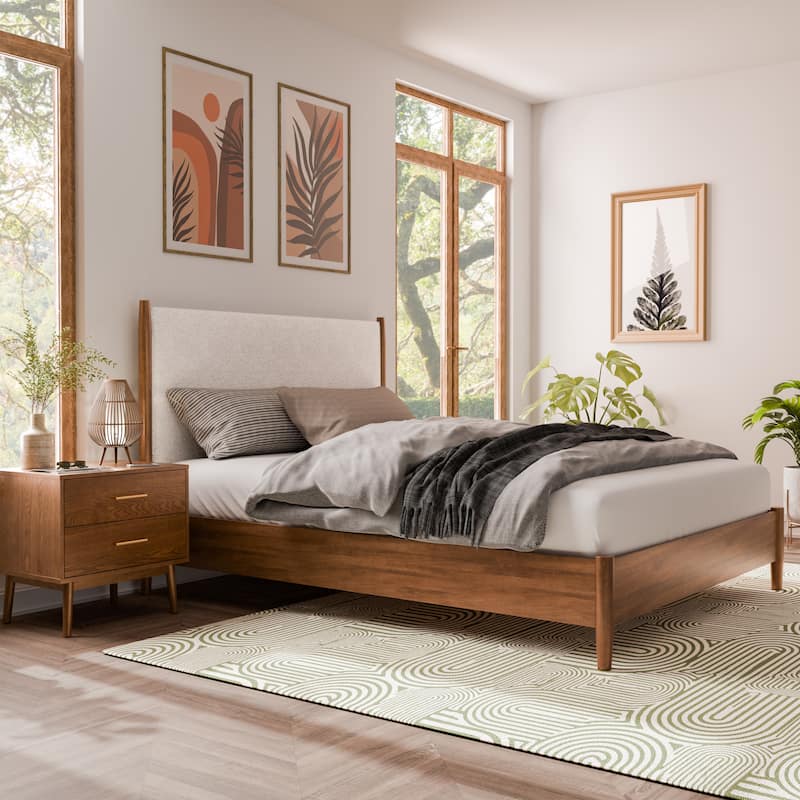 Furniture of America Beau Midcentury 2-Piece Boucle Platform Bed and Nightstand Set - King