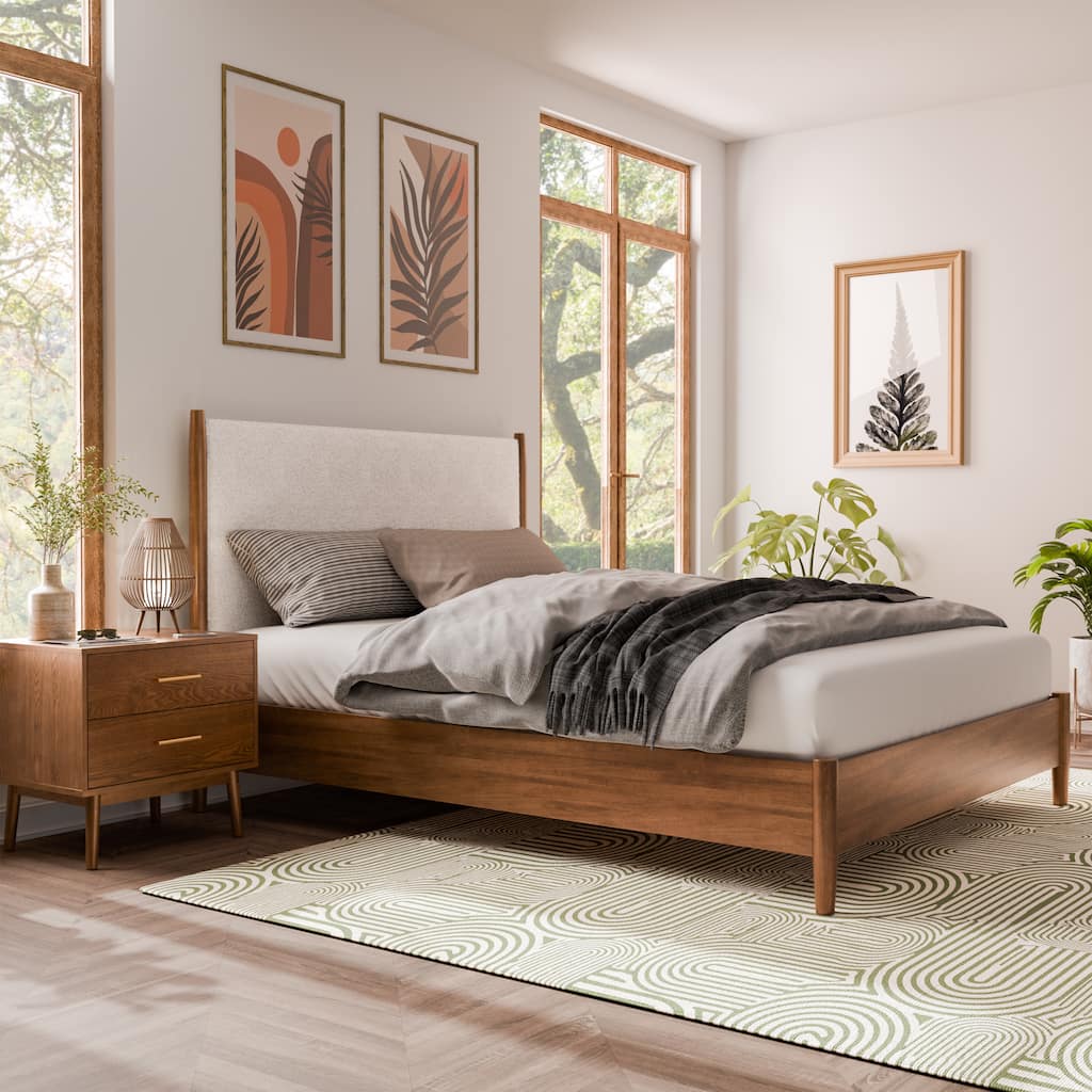 Furniture of America Beau Midcentury 2-Piece Boucle Platform Bed and Nightstand Set