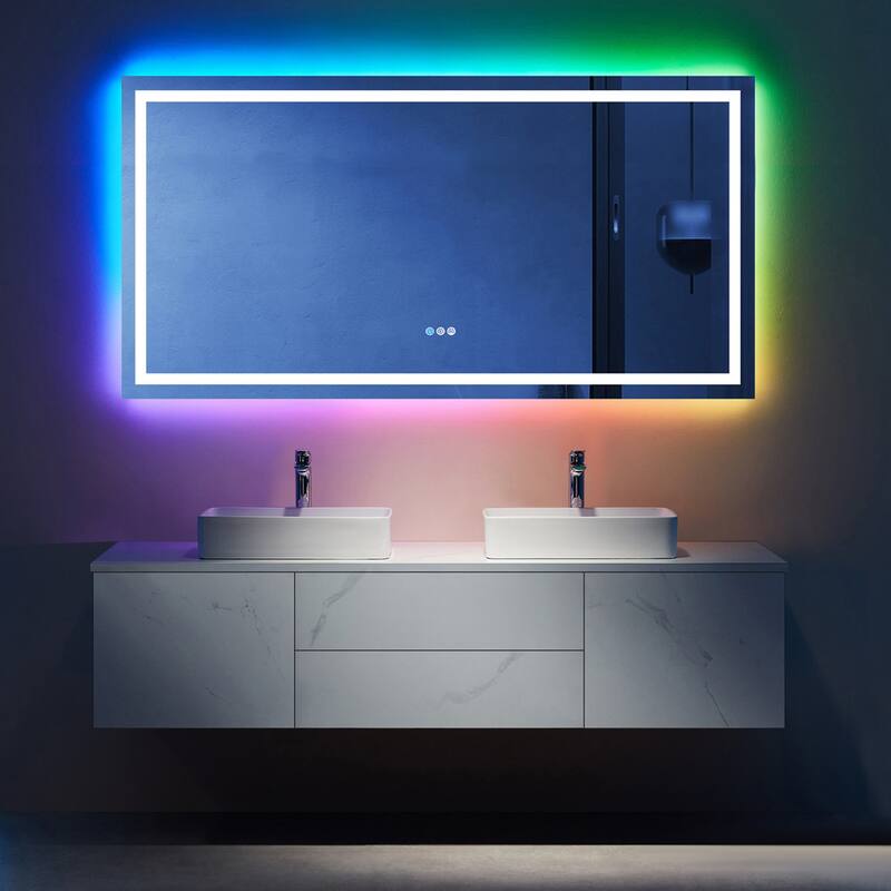 Super Bright RGB Backlit & LED Frontlit Anti-Fog Bathroom Vanity Mirror in Tempered Glass & ETL