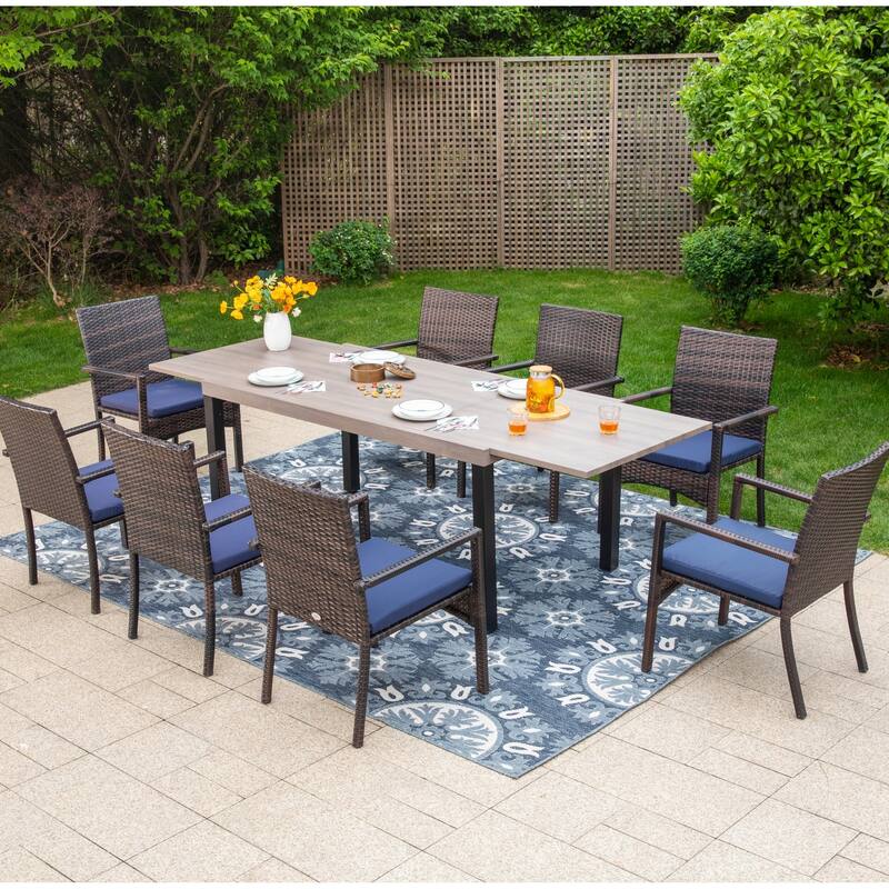 7/9-piece Patio Dining Set, Expendable Rectangular Outdoor Dining Table with Rattan Chairs - 9PCS+Haiti Chairs