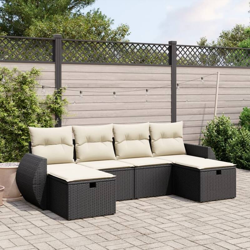 vidaXL Patio Sofa Set with Cushions Outdoor Furniture 6 Piece Poly Rattan - Black and cream Big