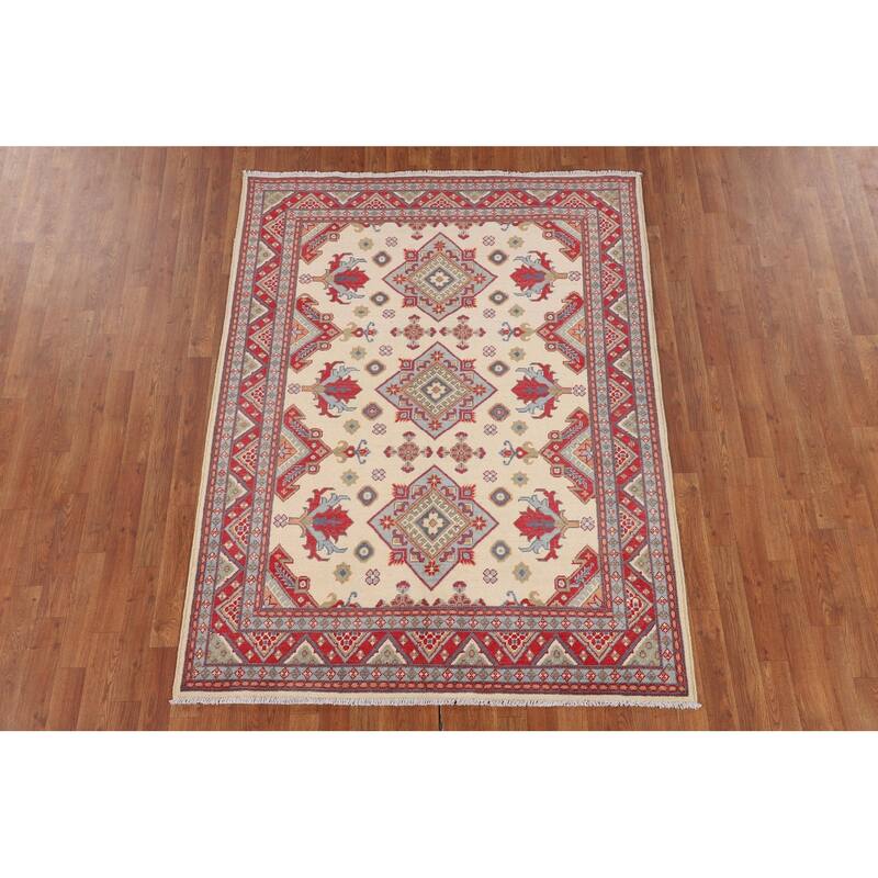 Ivory Kazak Oriental Area Rug Hand-Knotted Traditional Wool Carpet - 4'11" x 6'6"
