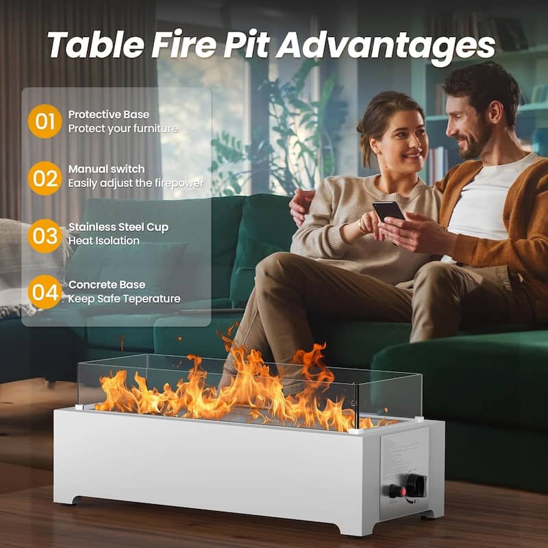 EROMMY 28" Propane Fire Pit Tabletop - 40,000 BTU Stainless Steel, Windshield & Crystal Stones, Indoor/Outdoor Use