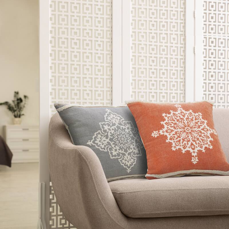 Sevita Casual Floral Mandala Medallion Throw Pillow with Tufted Border - Accent - 20" x 20" - Polyester - Blood Orange/White - Single