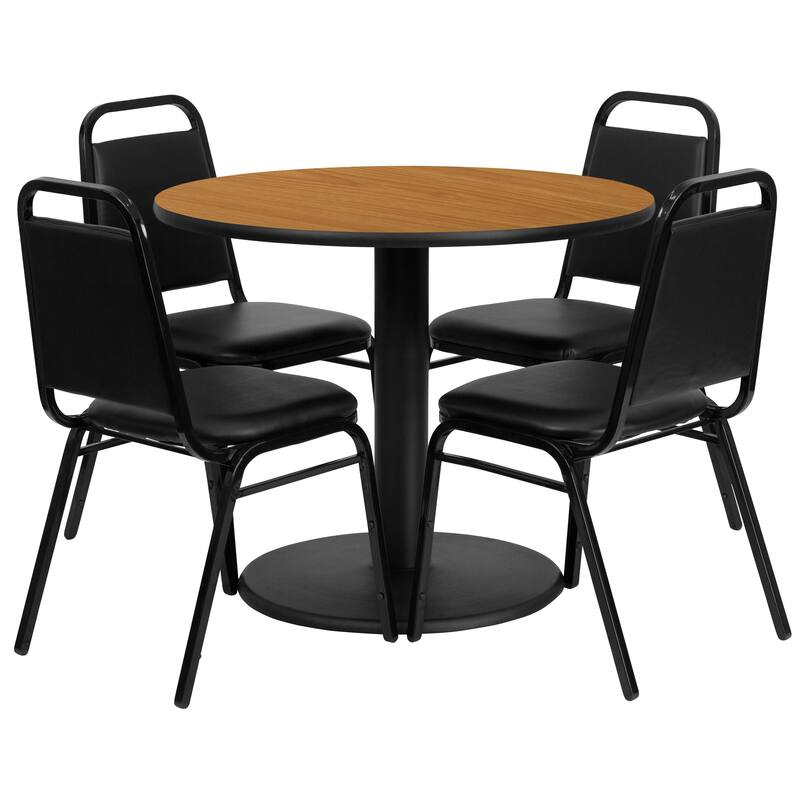 36'' Round Table Set with Round Base and 4 Trapezoidal Back Banquet Chairs - natural top/black vinyl seat