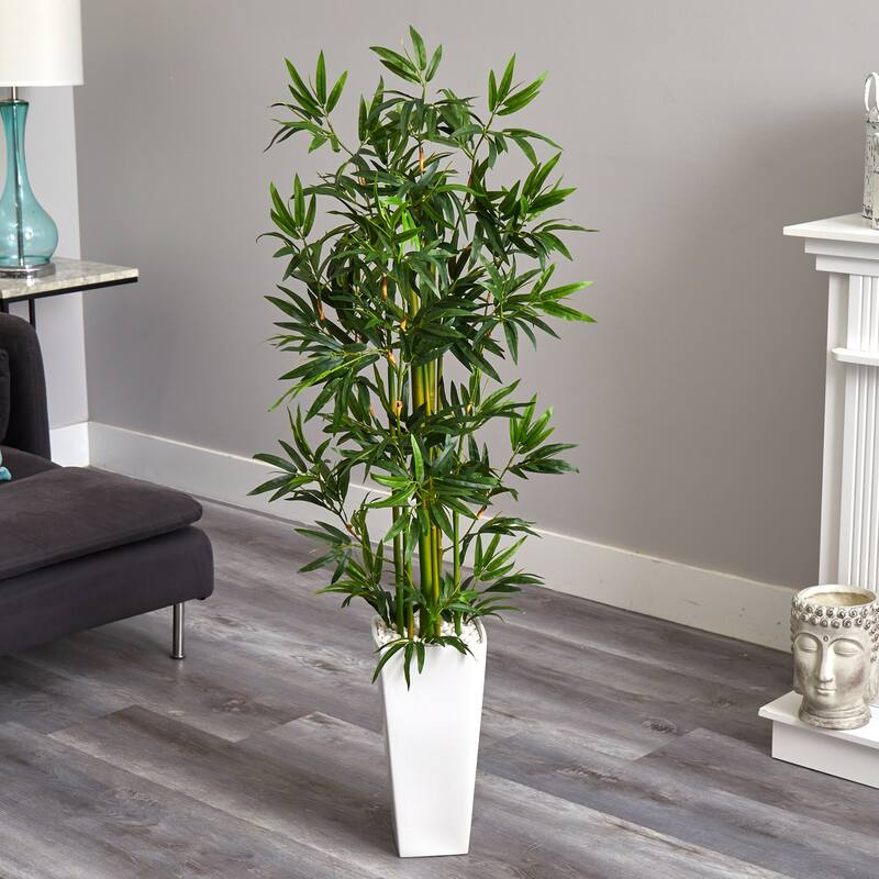 Artificial Bamboo Tree 4.5Ft Indoor Plant in White Planter, Modern Home Decor - Green - 51-60 Inches