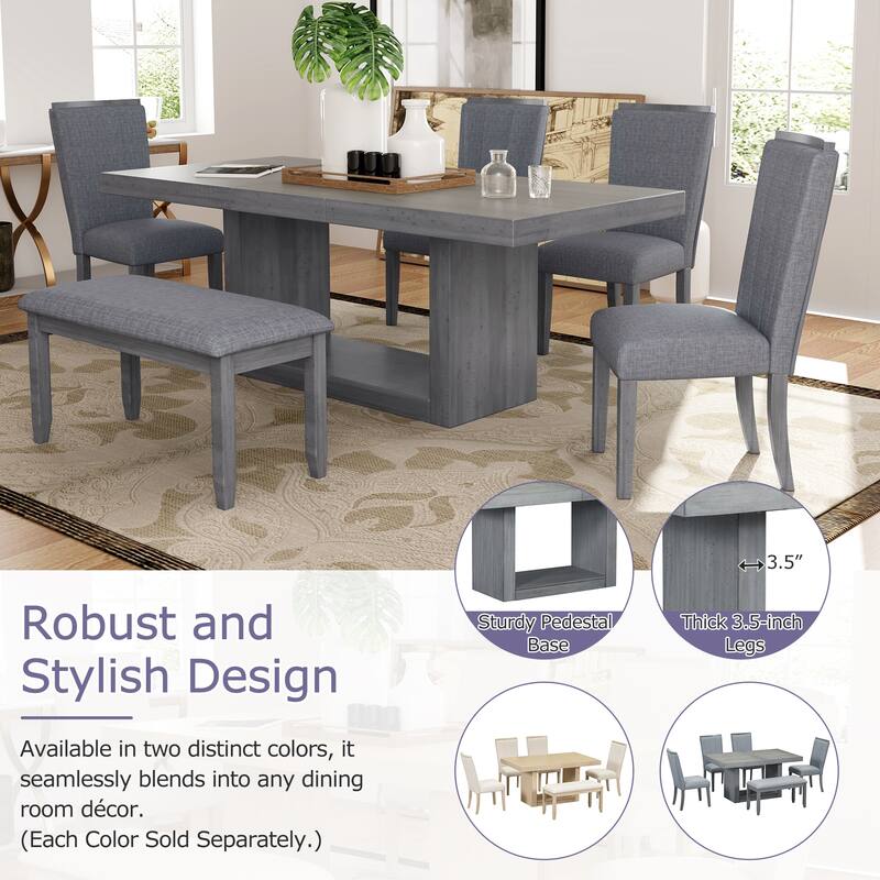 78" Rectangular Pedestal Dining Table Set with Removable 18" Leaf, Dining Bench & 4 Upholstered Chairs for 6 - Modern Design