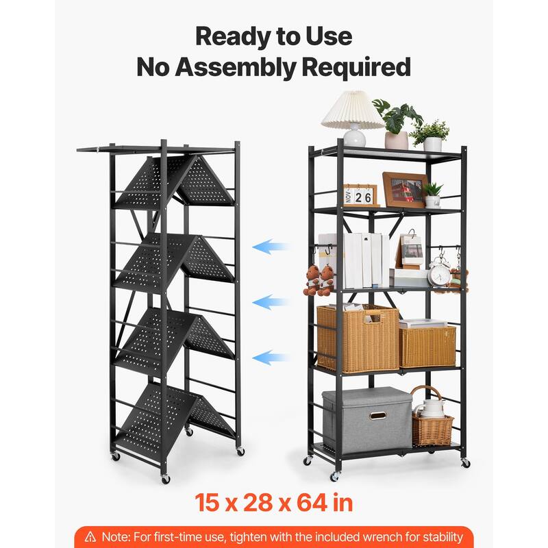 Black Carbon Steel 5 Tier Folding Storage Shelf with Wheels and 750 lbs Load - 15 x 28 x 64 in