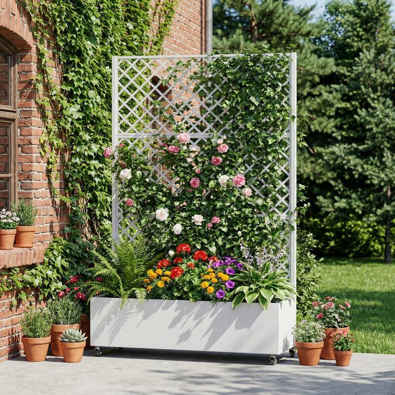 Raised Garden Bed Planter with Trellis Movable Planter Box with Lockable Wheels - White - 72*47