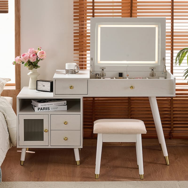 3-in-1 Makeup Vanity Desk with Lighted Flip-Top Mirror, Adjustable Cabinet, Drawers & Stool