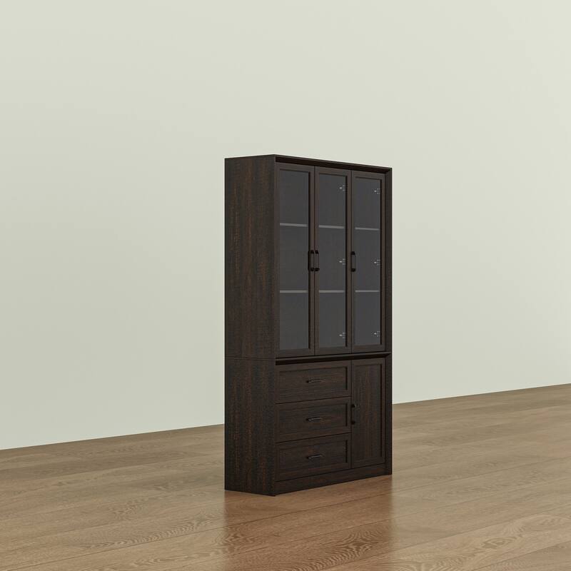 79.6"H Display Bookcase Pantry Cabinet Sideboard with Tempered Glass Doors White/Brown