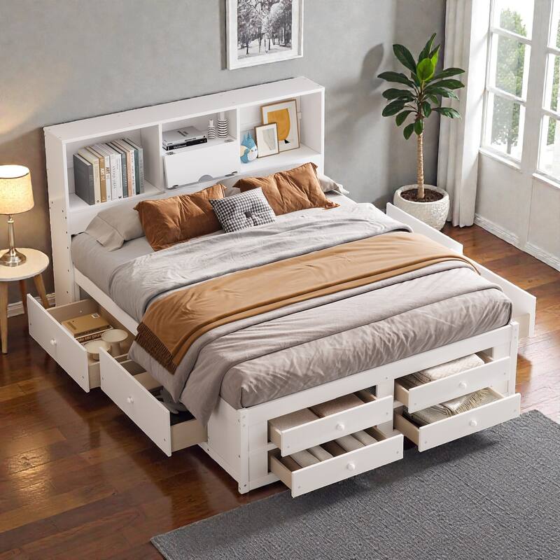 Platform Bed with Headboard Storage and 8 Drawers, Wood Bed Frame with Shelves and No Box Spring Needed