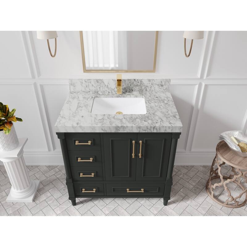 Willow Collections 36 in. W x 22 in. D Aberdeen Center Right Offset Sink Bathroom Vanity with Countertop - 2”Carrara Marble - Black top
