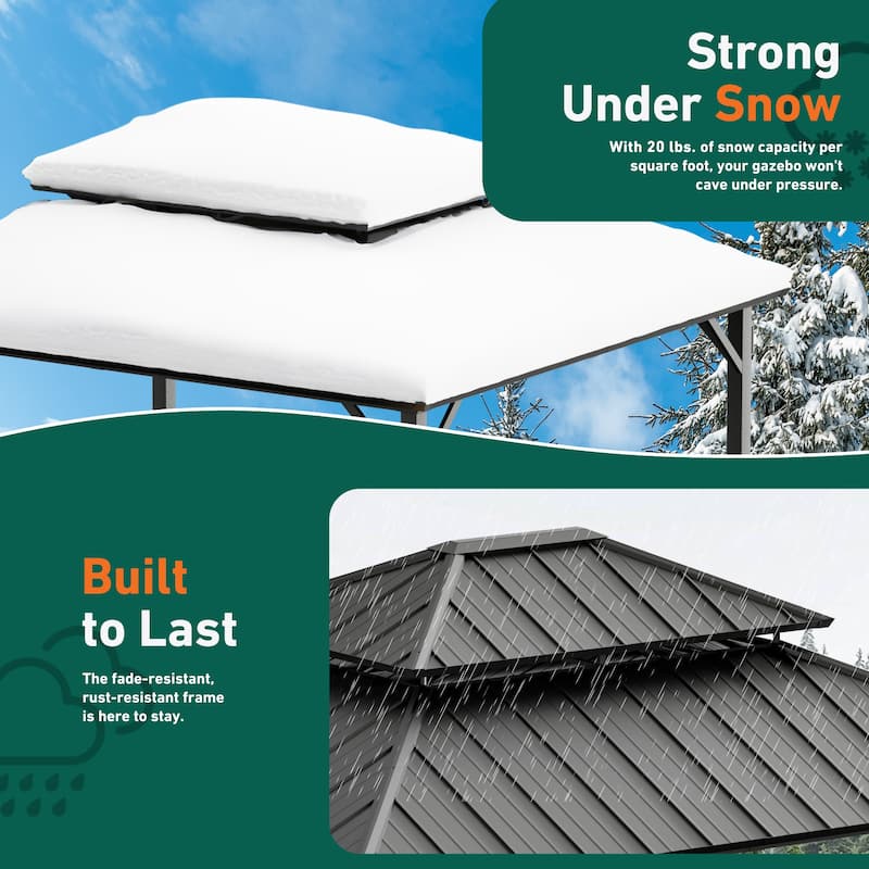 Permanent Hardtop Gazebo 12' x 14' wiith 4 LED Lights, with Galvanized Steel Double Roof, Mosquito Nettings, Black
