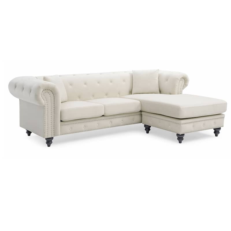 Tufted Velvet 3-Seater Sectional Sofa with Throw Pillows - 98" - Cream