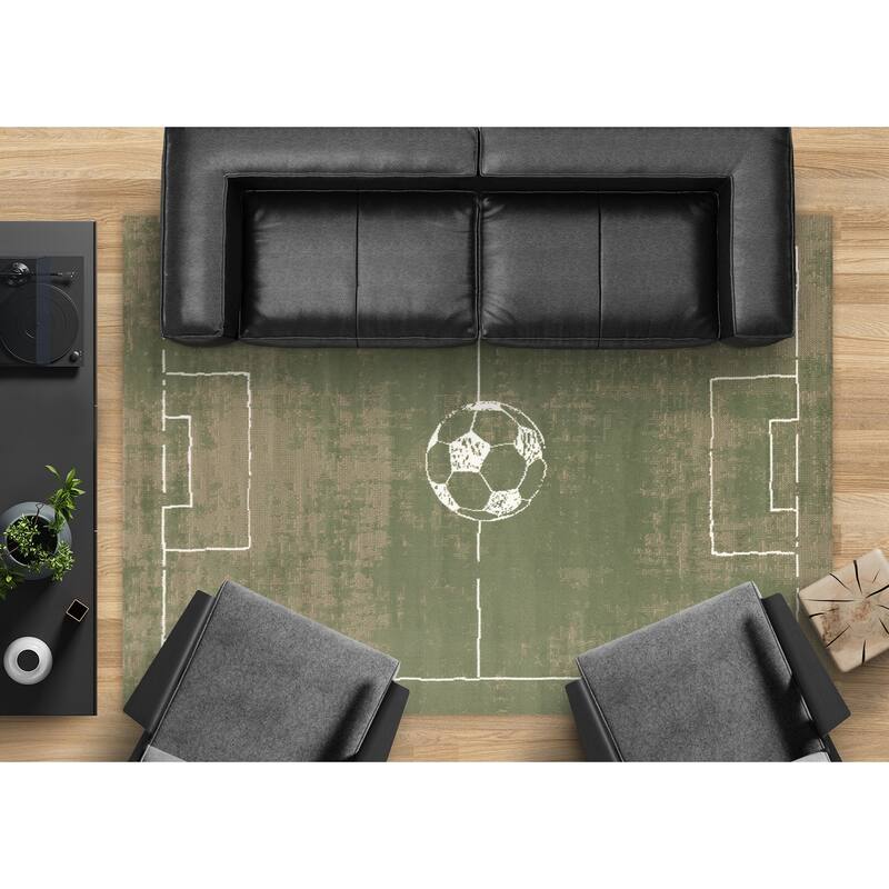Green Brown Soccer Field Kids Area Rug