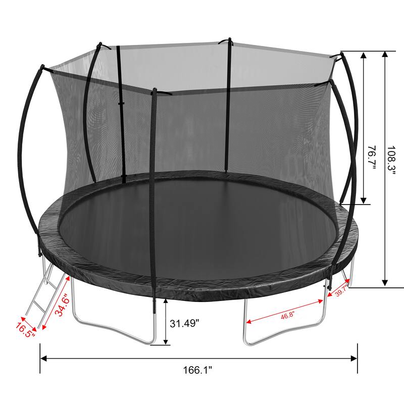 ASTM Approved Trampoline - Safety Enclosure, Ladder, Outdoor Recreational Use - Black - 166.1